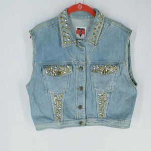 VTG 80s Hrly-sue Women Large Blue Denim Vest Gold & Silver Studded